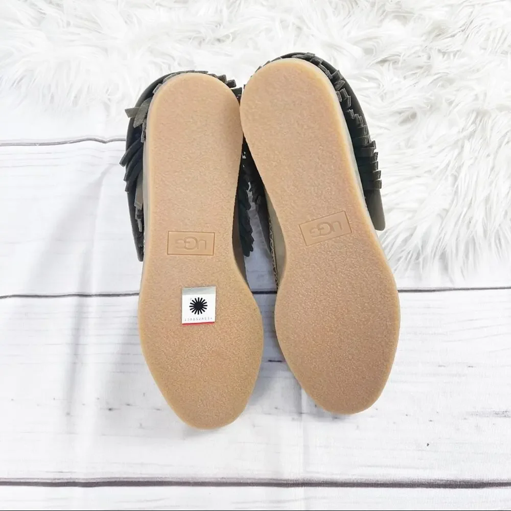 UGG W Caleb Mouse Fringe Nubuck Slip on Leather Booties‎ Moccasins Size 11